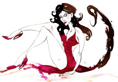 Signs of the Zodiac: Scorpio - tailed dress from a series of fashion caricatures by Neale Osborne